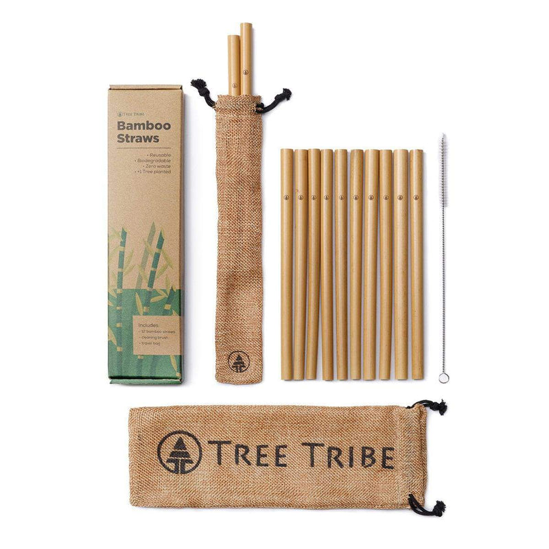 Jungle Straws 12 Pack Reusable Bamboo Straws 8 • Hessian Bag & Straw Pouch  • Cleaning Brush • 100% Organic & Handmade in Vietnam • Eco Friendly