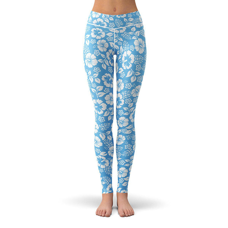 Women's Active Blue Floral Print Workout Leggings. (6 Pack) • High