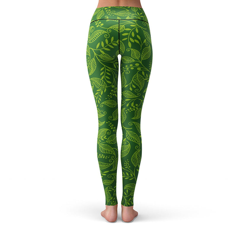 Leaves Pattern High Waist Om Symbol Yoga Pants Leggings