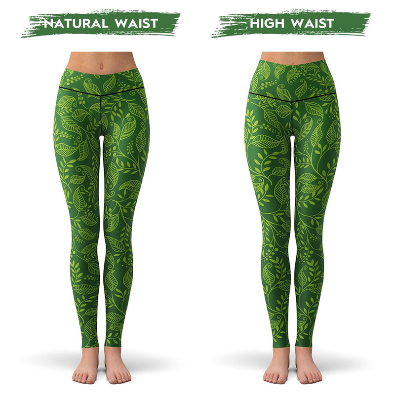 Yoga Pants Leggings Full Length High Waisted Deep Forest Green Art Deco  Abstract Leaf Pattern 