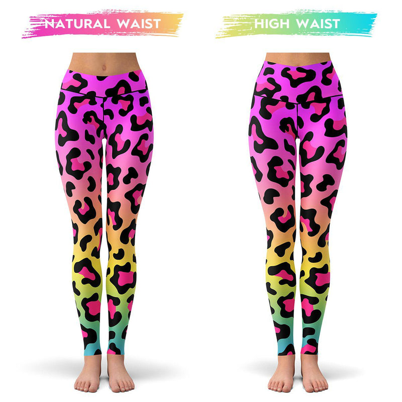 Holographic Rainbow Leopard Print Spots on Bright Neon Leggings by