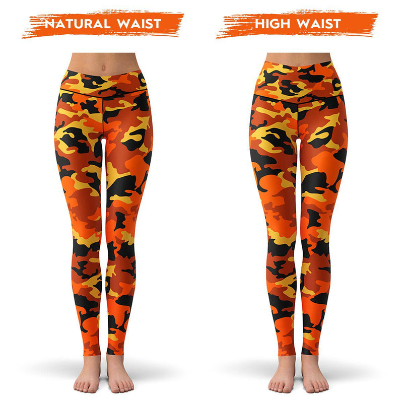 Women Neon Orange & Black 7/8 Highwaist Camo Print Workout Tights