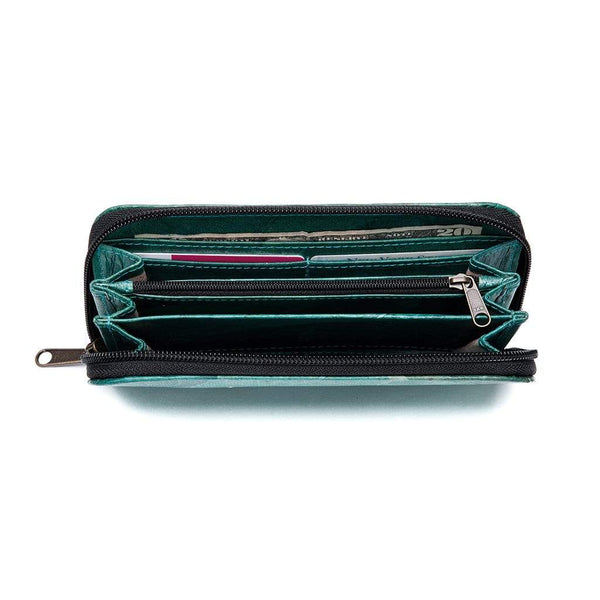 Leaf Leather Long Wallet - Turquoise